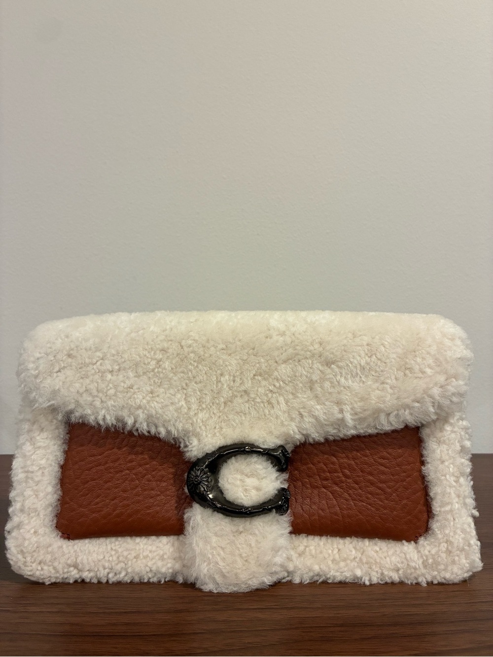 Coach Shearling Trim Brown Leather Shoulder Handbag - Women